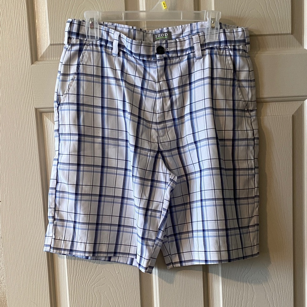 IZOD White & Blue Plaid Flat Front Men’s Shorts